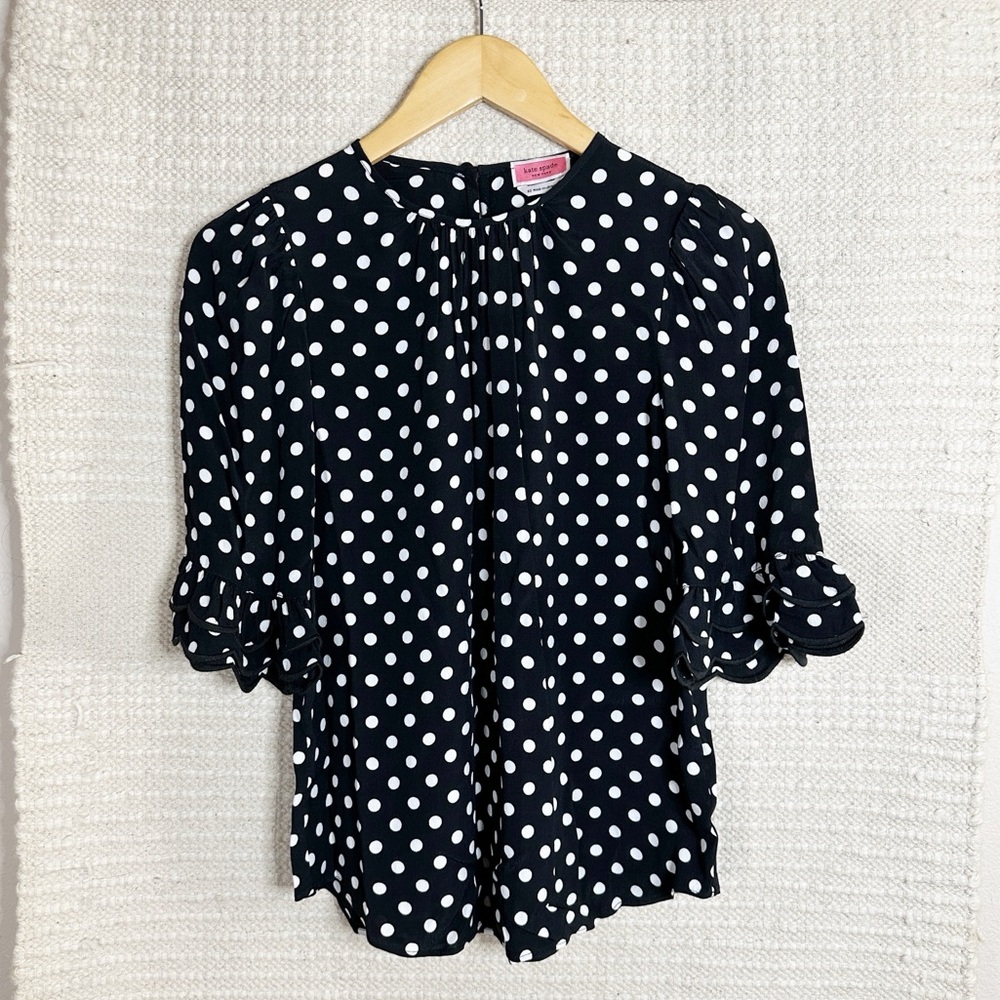KATE SPADE black and white Lia Dot scalloped sleeve blouse top XS